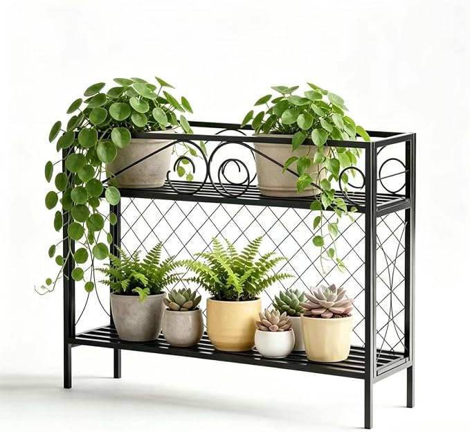 Zhongma 2 Tier Metal Sturdy Narrow Plant Stand, 47.24L x 12.6 W x 35.43 H inch, Indoor and Outdoor Heavy Duty Metal Plant shelf for Small Spaces 440 LBS Capacity