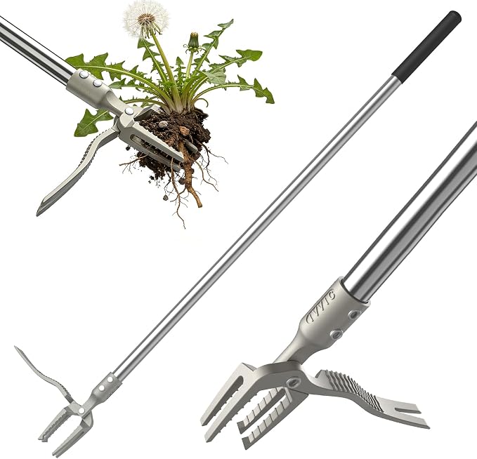 Manual Weed Puller Tool, 47" One-Piece No Assembly Stainless Steel Garden Weeder with Long Handle, Stand Up Heavy Duty Weeding Tool for Lawn Patio Yard Dandelion Root Removal Without Kneeling