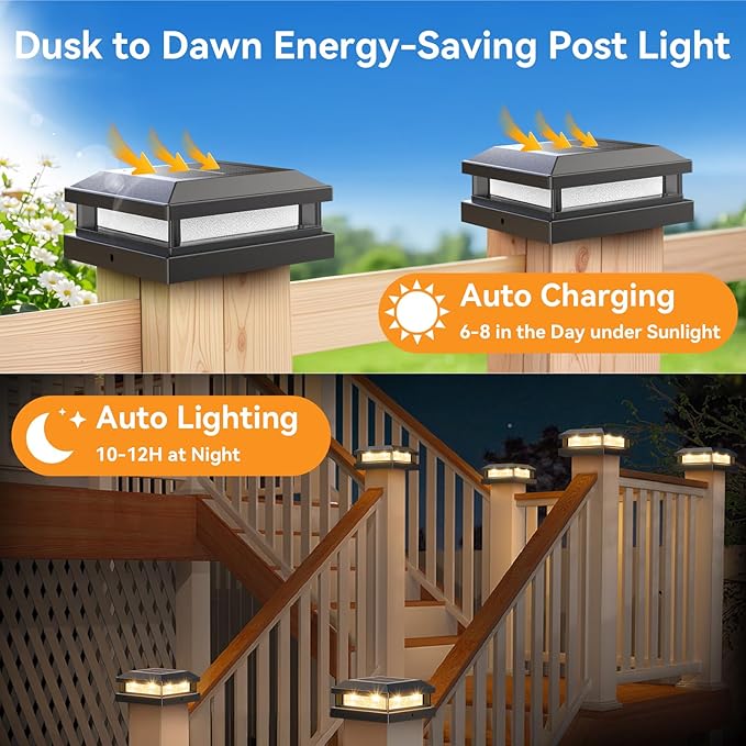 Brightever 4x4 Solar Post Cap Lights Outdoor 6 Packs, Waterproof Solar Powered Deck Post Lights for5x5 Wooden/Vinyl, Black Fence Lights with 16LEDs Warm White/Cool White for Outdoor Decoration