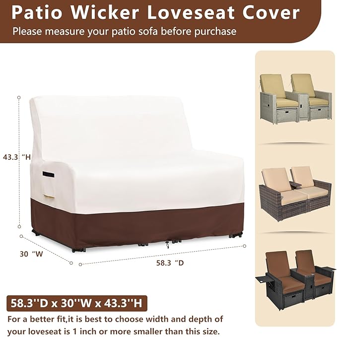 Patio Wicker Loveseat Cover,600D Heavy Duty Waterproof Patio Sofa Cover,Double Reclining Patio Lounge Chair Cover for Lawn/Garden Patio Furniture,Beige&Brown