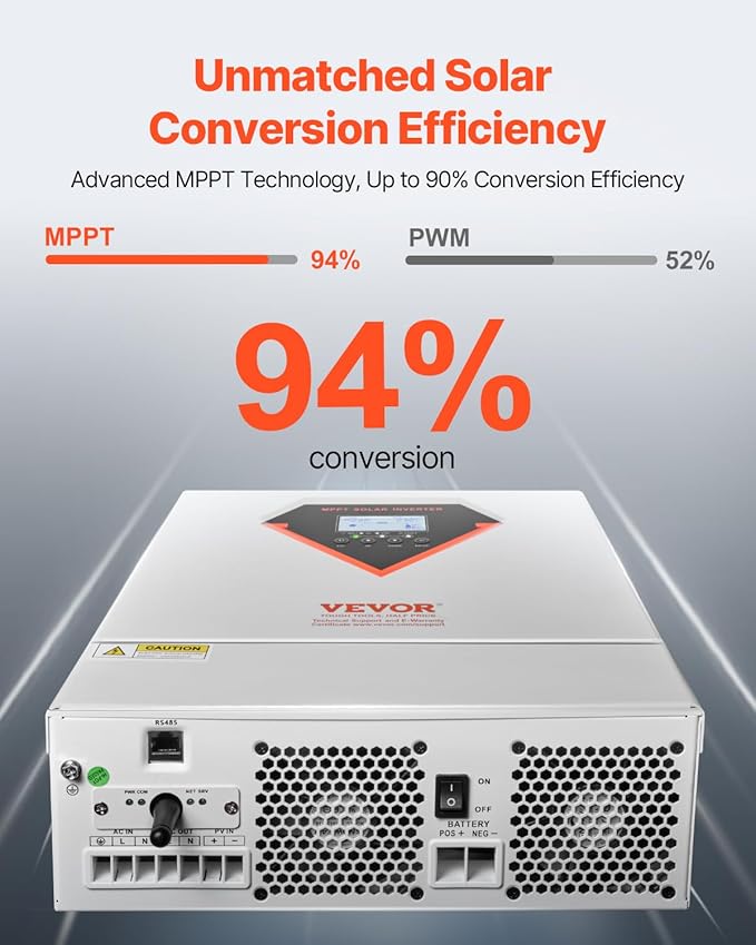 VEVOR Hybrid Solar Inverter, 6000W, Single Phase Pure Sine Wave Power Inverter, 48V DC to 220/230V AC, with Built-in 120A MPPT Solar Charge Controller, for Off-Grid System Lead Acid Lithium Battery
