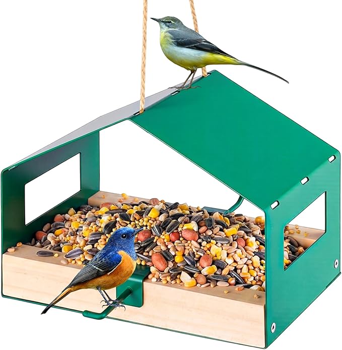 Novabright Metal Bird Feeder for Outdoor Hanging Wild Bird Feeder House with Weatherproof Roof Rust-Resistant Mesh Platform Easy to Clean & Refill for Attracting Finches Garden Yard Outside