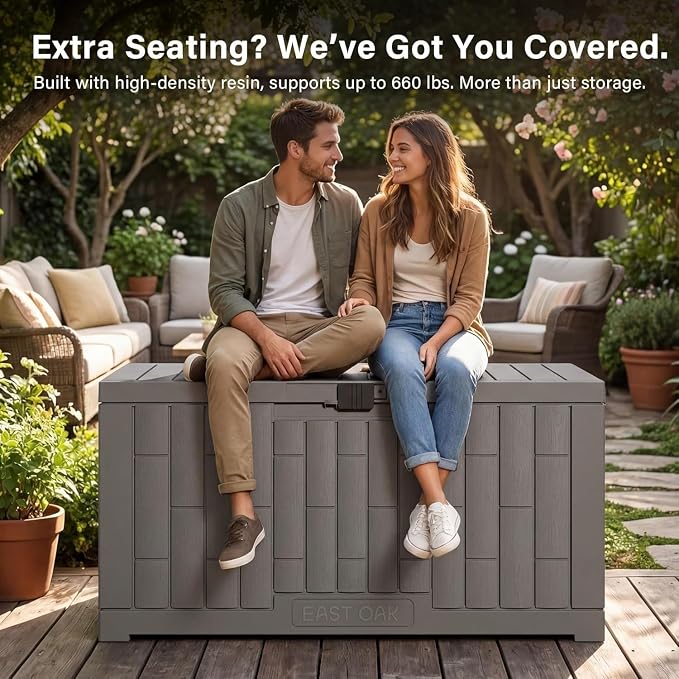 EAST OAK 2-Piece Outdoor Storage Box Set, 31 Gallon & 60 Gallon Waterproof UV-Resistant Resin Deck Boxes, Lockable Storage for Patio Cushions, Garden Tools, Pool Accessories, Grey