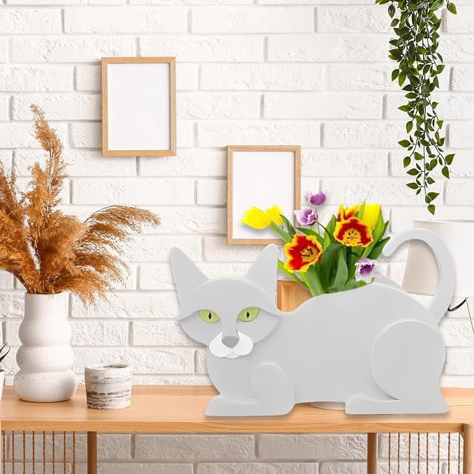 White Cat Planter Plant Pots,Cute Cat Flower Planter,Gifts for Pet Lovers,Unique Animal Plant Pots,Office,Indoor Outdoor Garden Decor（12.5 * 5.6 * 7.8in）