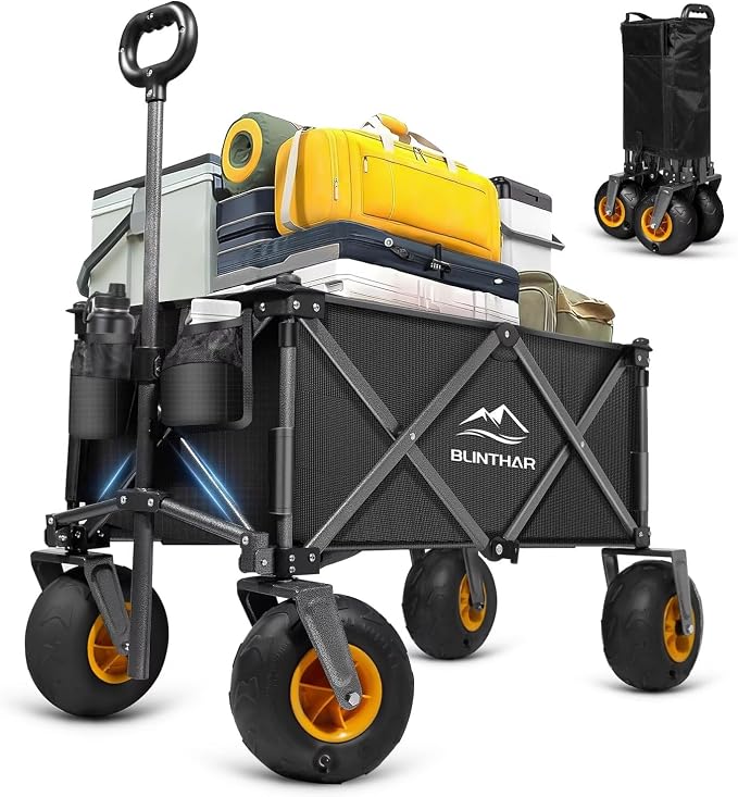Beach Wagon with Big Wheels for Sand, Heavy Duty Harder Sand Collapsible Folding Wagon with All-Terrain 9" Pneumatic Ballon Tires, Utility Wagon for Garden Sports Camping Outdoor Activities