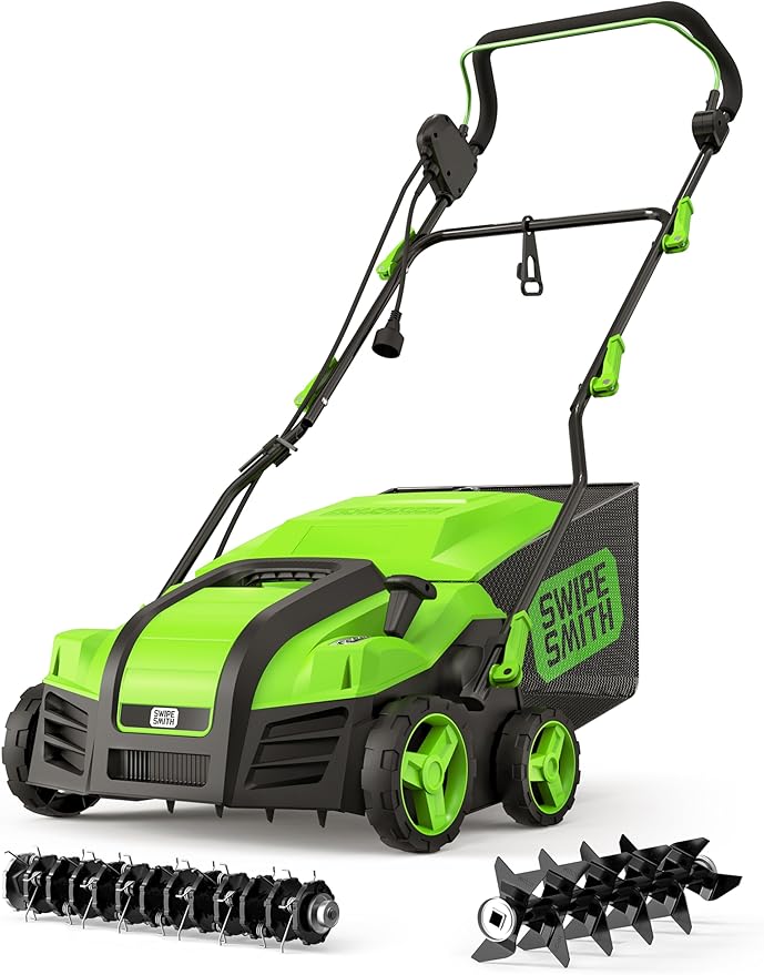 Electric Dethatcher Scarifier, 16-Inch 15 Amp Lawn Dethatcher with 5-Position Depth Adjustment, 14.5 Gal Removable Thatch Collection Bag, Quick-Fold, Keeps Lawn Health