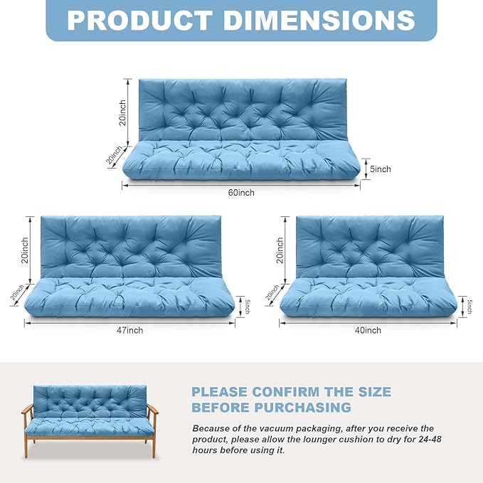 Porch Swing Cushions,Outdoor Cushions 3 Seater Replacement with Backrest, Waterproof Thickened Bench Cushion with Ties for Porch, Patio,Outdoor, Backyard and Garden (Sky Blue 60 * 40 in)