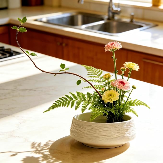 5 inch Japanese Ceramic Ikebana Vase Kit with1.6 inch Metal Floral Frog Round Stems Holder, Flower Frog Arranging Supplies Kenzan Flower Container (Rock Texture - Small White)