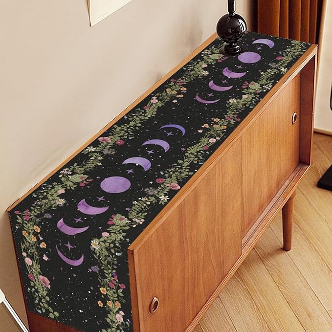 Boho Floral Table Runner, Spring Gothic Wild Flower Purple Moon Phase Star Seasonal Mystical Coffee Table Center Decor for Family Holiday Party Kitchen Outdoor Farmhouse Table Decorations, 13"x72"
