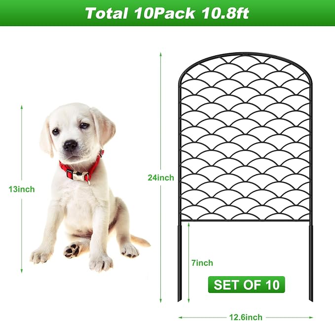 Decorative Garden Fence 10 Pack, 24in(H) x 10.8ft(L) Animal Barrier Fence, Rustproof Metal Fencing for Yard, Dog Rabbits Wire Section Garden Edging Border for Yard Patio Garden, Arched