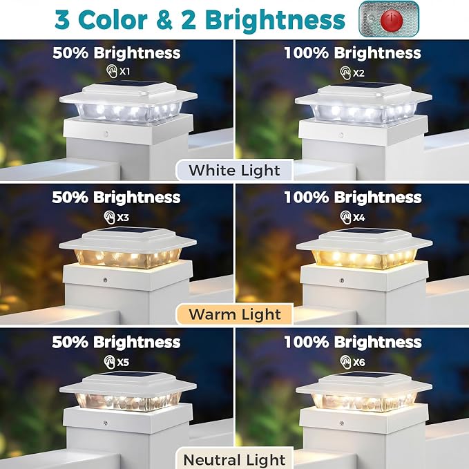 kolpop 4x4 Solar Post Cap Lights Outdoor 4Pack- 3 Color Temperatures&2 Level Brightness, IP65 Waterproof, 16 LED Fence Deck Post Light Solar Powered Only for 4×4/3.5×3.5 Wood/Vinyl Posts(White)