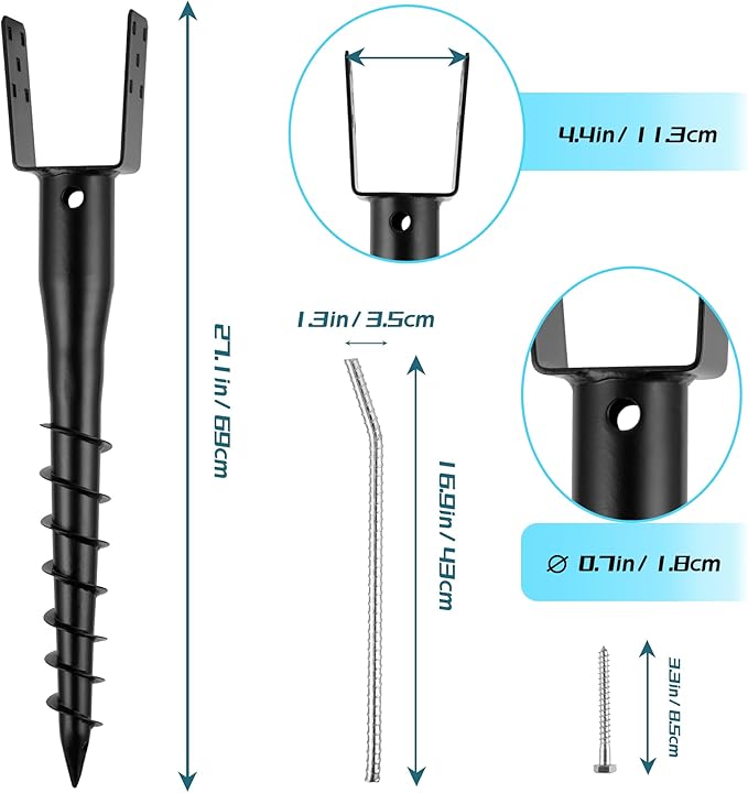 No Dig Ground Screw Anchor - Black U Shaped Post Stake for 4x4 Wood Posts, Includes Lag Bolts & 27" Rebar, for Mailbox Posts and Fence Posts Anchor, 4 Pack