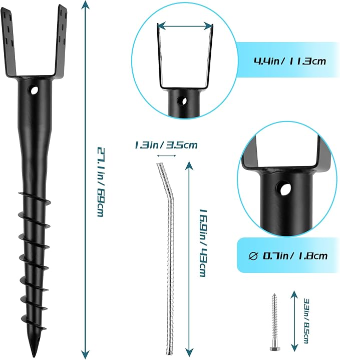 No Dig Ground Screw Anchor - Black U Shaped Post Stake for 4x4 Wood Posts, Includes Lag Bolts & 27" Rebar, for Mailbox Posts and Fence Posts Anchor, 1 Pack