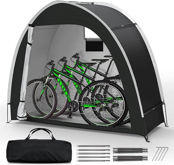 Bike Storage Tent for Outdoor, 2 Bike Capacity with Extra Top Space, PU5000 Waterproof 210D Oxford Fabric with Taped Seams, Portable Floor Storage Shed for Bicycle, Motorcycle & Garden Tools, etc
