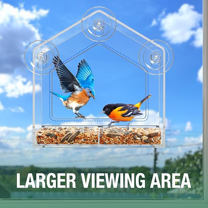 Window Bird Feeder, Suction Cup Window Birdfeeder for 6.8" Larger Viewing, Squirrel-Proof Strong Suction Cup Bird Feeder w/Self-Adhesive for Cats Outdoors