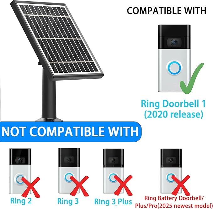 Solar Panel Compatible with Video Doorbell 1/newes Generation(2020 Release-1080p), Waterproof Charge Continuously,5 V/ 3.5 W (Max) Output, Includes Secure Wall Mount,5.0M/16 ft Power Cable