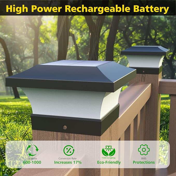 T-SUN Solar Post Lights, Waterproof Outdoor Solar Post Cap Lights for 4X4 Wooden Posts, 6000K Cool White LED Lighting, Deck, Patio, Garden Decor, Fence(2 Pack)