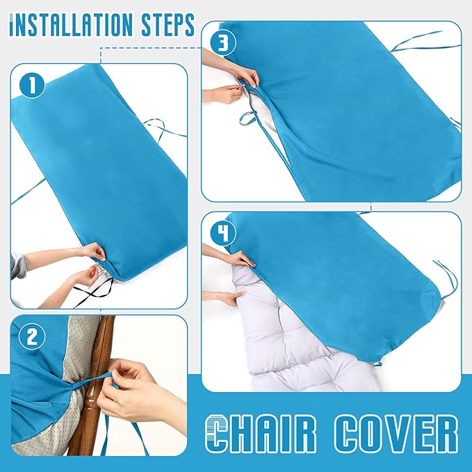 Tudomro 2 Pcs Outdoor High Back Chair Cushion Covers (Not Includes Cushion) Waterproof Patio Replacement Rocking Chair Slipcover Seat Pad Cover with Tie for Furniture (Lake Blue,44'' X 21'')