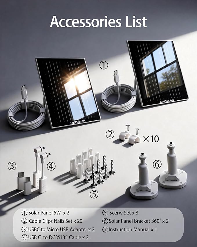 Dual 5W Solar Panels for Ring Camera Doorbell, All-in-1 Glass Solar Charger for Outdoor Stick Up Battery Home Security Camera, Micro USB/DC/USB-C Port, 9.8ft Cable, 360°Adjustable Bracket