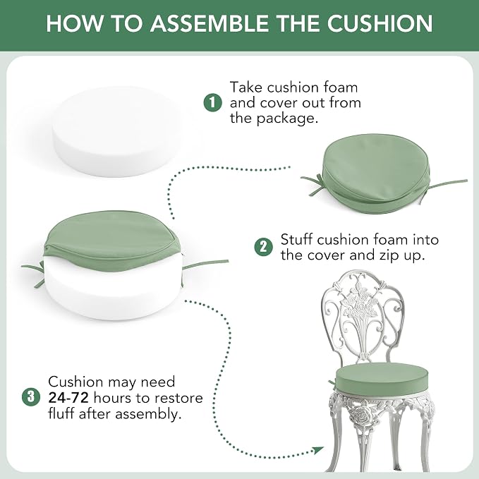 Summsun Outdoor Bistro Chair Cushions Set of 4, 15" D x 3" H Round Chair Cushions Waterproof and Fade Resistant Chair Cushion Pads with Non-Slip Ties and Removable Covers for Garden, Sage Green