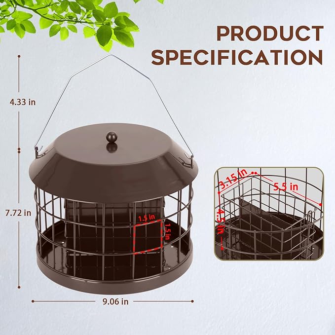 Gbekery Caged Suet Bird Feeder for Outdoors Hanging, Squirrel Proof Double Suet Feeder for Small Birds, Metal Cage with Detachable Hook, Large Space, Outdoors Weatherproof, Brown