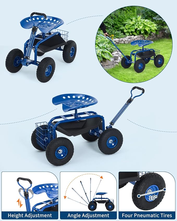 Garvee Heavy Duty Garden Seat, Garden Scooter Rolling Work Seat, 360° Swivel with 10-Inch All-Terrain Inflatable Tires, Extendable Steering Handle & Metal Tool Tray for Planting, Weeding, Yard Work