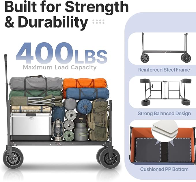 EchoSmile Collapsible Wagon Cart for Camping & Beach - Heavy Duty 400lbs Capacity All-Terrain Cart with Wide Wheels, Portable Folding Utility Wagon for Grocery, Garden, Sports,Blue&Orange