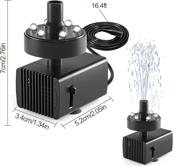 24-Hours Working Bird Bath Fountains Plug-in, Jutai Adjustable DC 12V Water Fountain Pump with LED Light for Birdbath, Garden, Small Fish Tank, Pond,16.4Ft Power Cord, Adapter Included(White)