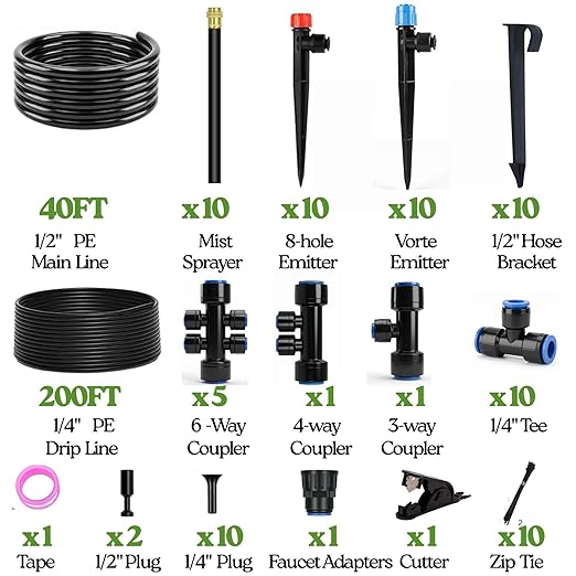 240FT Drip Irrigation System for Garden: 1/2" Quick Connect PE Tubing Automatic Water Sprinkler Kit Adjustable Misting Part 1/4" Watering Hose for Outdoor Raised Bed Plants Flower Yard Greenhouse