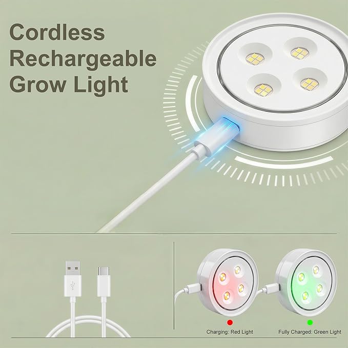 4 Pack Rechargeable Grow Light with Timer, 3000k 6500k Cordless Magnetic Plant Lamp for Indoor Growing, Full Spectrum Lighting with Remote, Stepless Dimming for Plant Shelf Greenhouse