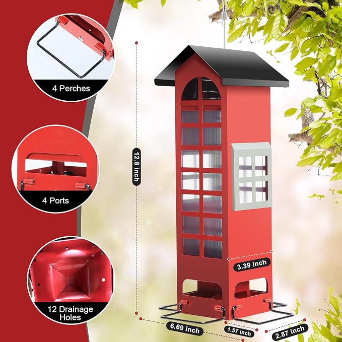 Bird Feeder Squirrel Proof for Outdoors Hanging - Gravity Protection Metal Wild Bird Feeders Tube Bird Seed Feeder with 4 Feeding Ports,2.5LB Large Capacity for Cardinal, Sparrow, Finch, Chickadee