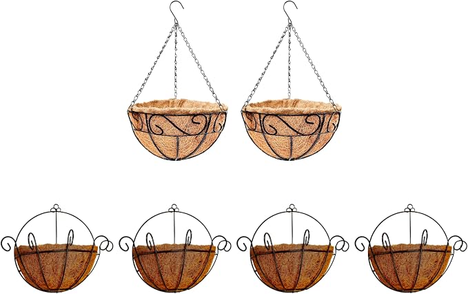 LaLaGreen Bundle- 2 Pack, 12 Inch Hanging Basket with Coco Liner + 4 Pack,10 Inch Metal Wire Basket with Coco Liner Fence Deck Rail Patio Porch Modern Country Famhouse Style Flower Holder Garden Decor
