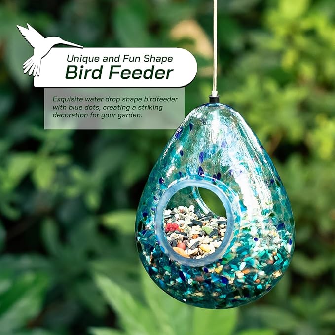 Glitzhome Glass Bird Feeder for Outdoors, 6.75" H Blue Dots Teardrop Hanging Birdfeeder for Garden Tree Yard Outside Decoration