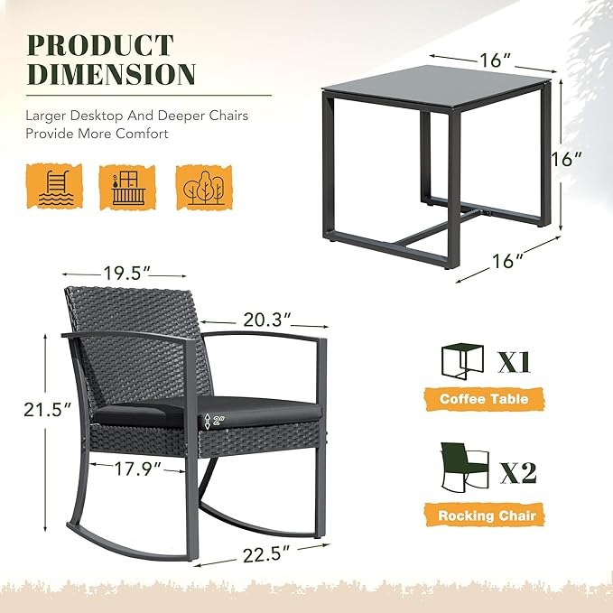 Devoko Resin Patio Furniture Set 3 Piece All Weather Outdoor Rocking Chairs with Cushions and Coffee Table for Bistro Balcony Porch (Black)