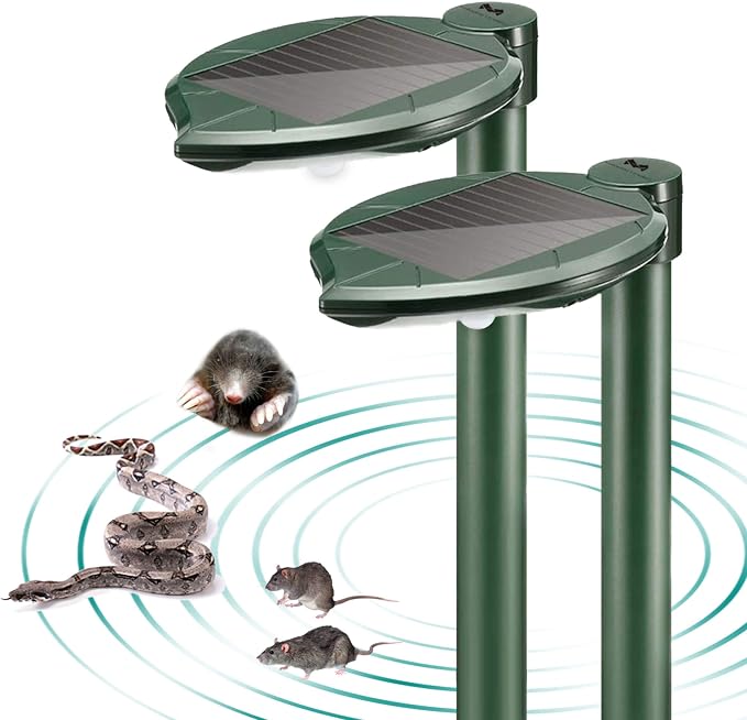 Ultrasonic Snake Repellent for Yard Solar-Powered, 2 Pack | Also Repels Moles, Voles, Gophers. 14.5" Deep-Stakes Drive, Oversized Solar Panel, LED light, Waterproof, Pet Safe