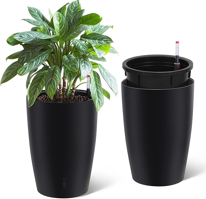 Garvee Tall Planters for Outdoor Plants, 16 in Large Planters Set of 2, Outdoor & Indoor Planters with Water Level Monitor ＆ Inner Bucket, Automatic Watering, for Porch, Patio, Backyard, Black