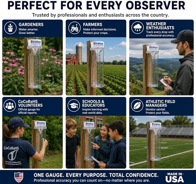 Stratus Precision Rain Gauge – 14" All-Weather Gauge with mounting Bracket, Accurate to 1/100", Durable and Easy to Read for Gardeners, Meteorologists, and Weather Enthusiasts | Dual-Cylinder Overflow Design