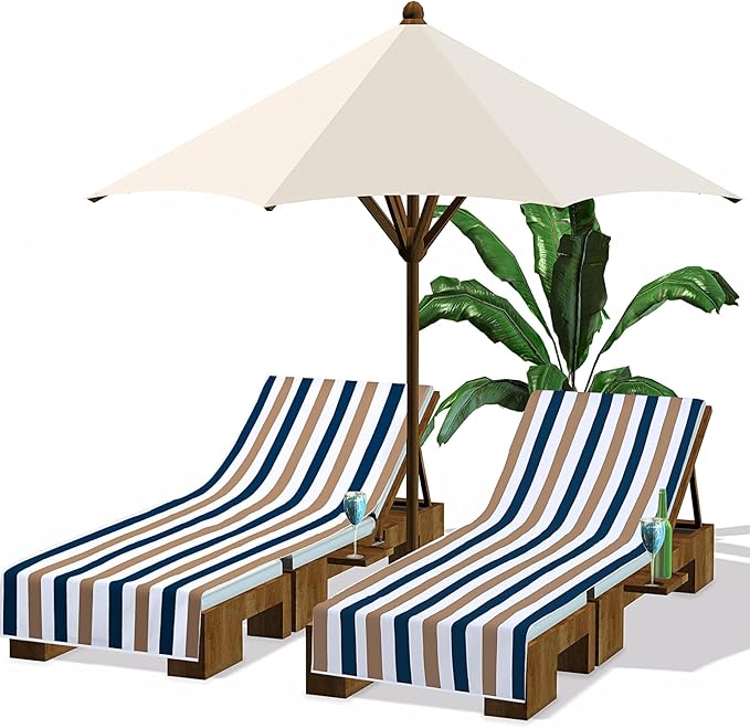 Fumete 2 Pack Lounge Chair Covers 30 x 85 Inch Pool Chaise Lounge Towels Microfiber Beach Chair Towel Portable Striped Outdoor Patio Furniture Cover for Sunbathing Picnic Spa(Dark Blue and Camel)