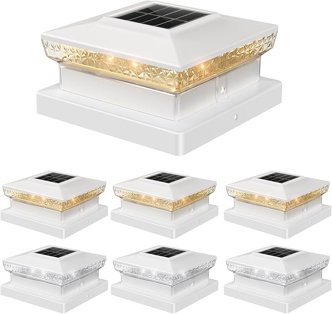 Solar Post Cap Light 4x4/5x5 – 6 Pack, Dual Color, 800mAh, 12H Runtime, Auto Dusk-to-Dawn On/Off, White