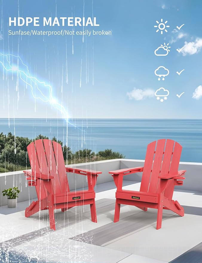 Folding Adirondack Chair Set of 6, Wooden Textured Plastic Adirondack Chairs with 2 Cup Holder, Weather Resistant HDPE Fire Pit Chair, Outdoor Patio Chairs for Garden, Backyard, Lawn, Deck, Red