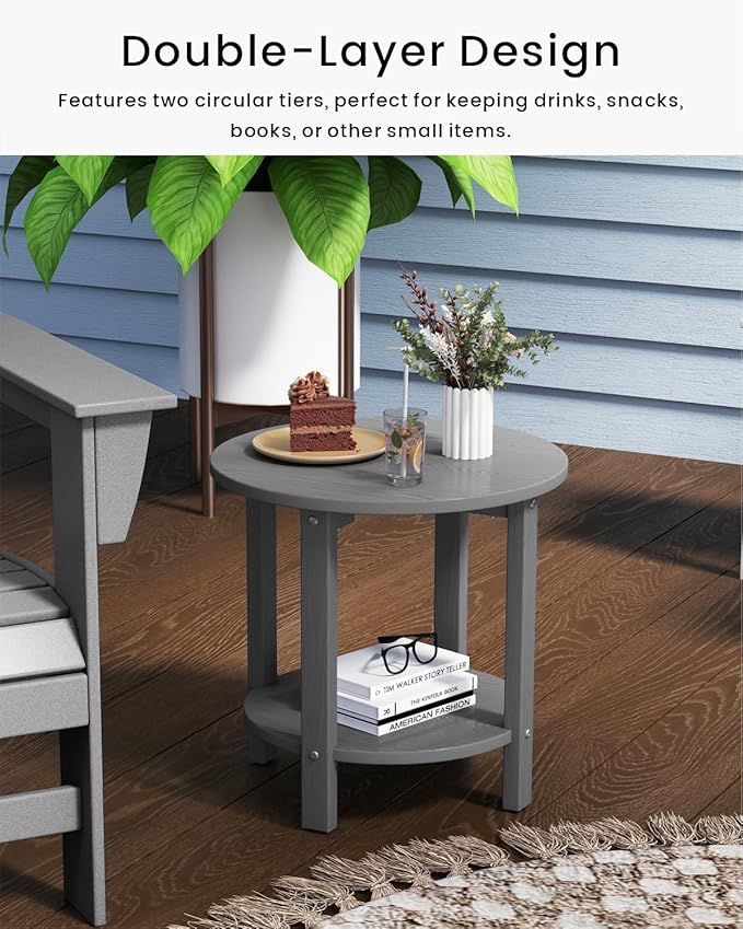 HDPE Outdoor Side Table for Patio, 18.1-Inch Weatherproof Small Outdoor Table for Adirondack, 2-Tier Round End Table for Garden Backyard Porch Deck Balcony Poolside (Grey)