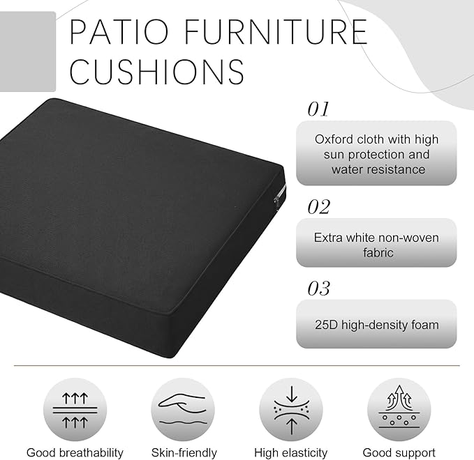 DoubleFill 2 Pcs Outdoor Ottoman Cushion 23"x19"x3" Waterproof Fade Resistant Outdoor Footstools Cushion Removable Patio Ottoman Cushions with Adjustable Fixing Strap for Stool (Black)
