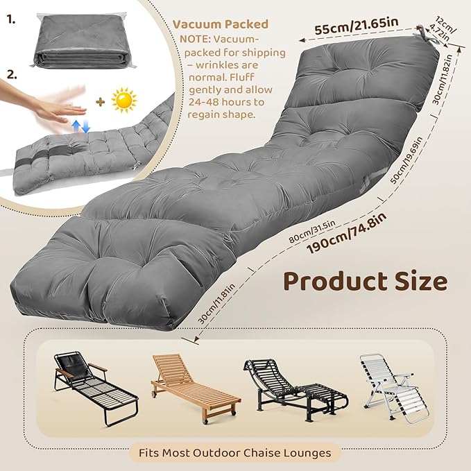 Waterproof Outdoor Lounge Chair Cushions 74.8 x 22 x 4.7 Inches，Chaise Lounge Chair Cushions Replacement for Outdoor Furniture with Ties, Thickened Patio Pool Bench Lounge Chair Cushions