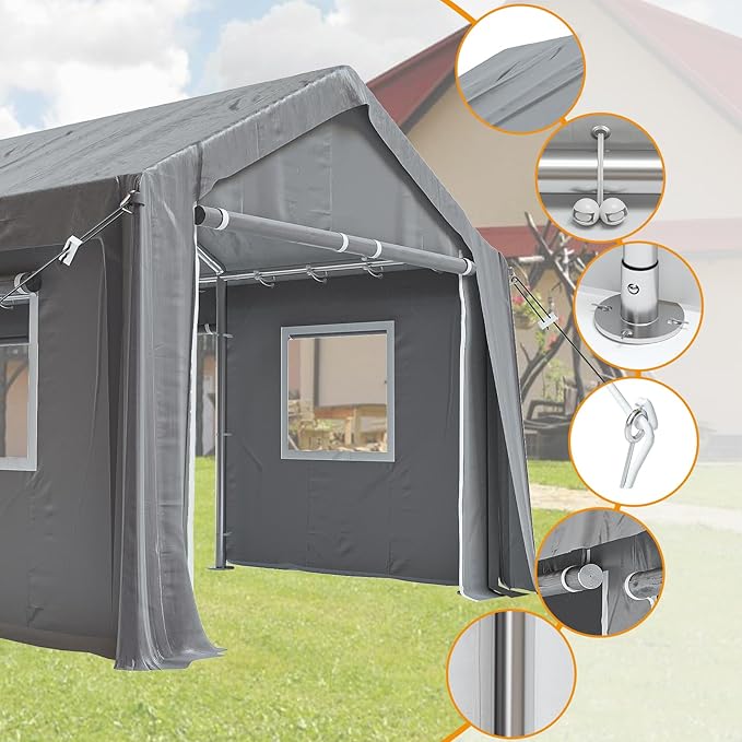 13x20FT Heavy Duty Carport Canopy 4 Roll-Up Doors & 4 Windows Portable Garage All-Season Outdoor Storage Shed for Car Truck Boat Shelter Party Tent, Gray