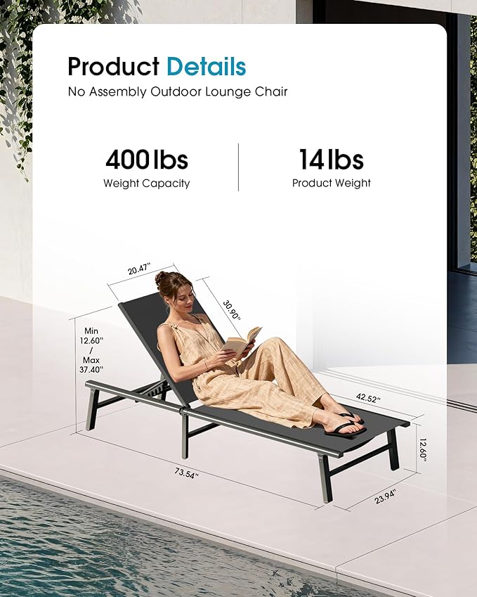 Ciokea Foldable Outdoor Lounge Chair Set of 2, No Assembly Aluminum Chaise Lounge Outdoor with 5 Adjustable Positions, Pool Lounge Chairs with Portable Design for Pool, Beach, Deck, Patio, Grey
