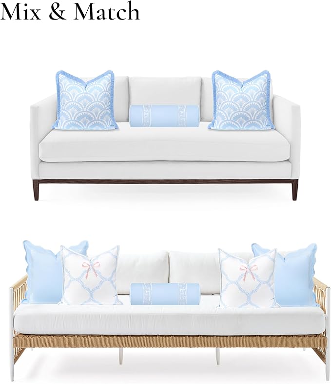 Hofdeco Premium Coastal Grandmillennial Patio Indoor Outdoor Bolster Pillow Cover Only, 8"x24" Water Repellent for Backyard, Couch, Poolside, Baby Blue Embroidered Greek Key