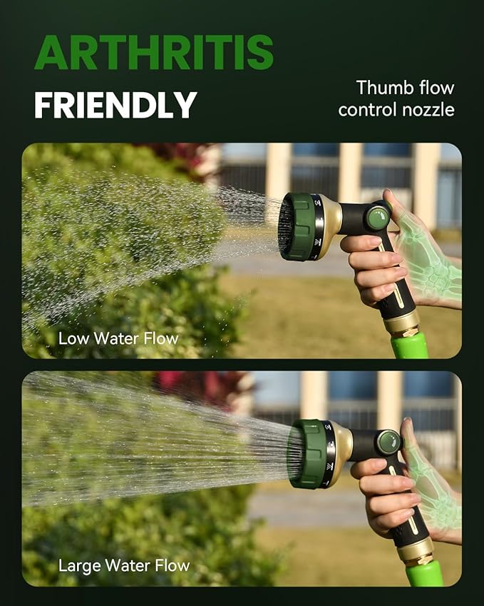 RAINPOINT Garden Hose Nozzle Heavy Duty - 100% Metal Thumb Control Spray Nozzles for Garden Hose High Pressure, 10 Patterns Water Hose Nozzle for Car Wash, Watering Lawn and Pets, Bottle Green