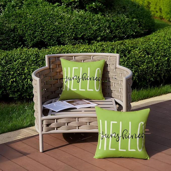DFXSZ Outdoor Pillow Covers 18x18 Inch Set of 2 Hello Sunshine Decor Grass Green Waterproof Throw Pillow Covers Summer Outdoor Pillow Covers Decor for Patio Funiture Garden Sofa Couch 020E18