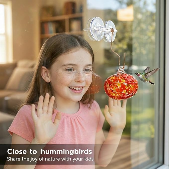 QFkris Blown Glass Hummingbird Feeder with Suction Cups for Window, Small Hummingbird Feeder with Flower Feeding Ports for Outside Garden Backyard Decor, Gifts for Women Mom(Orange)