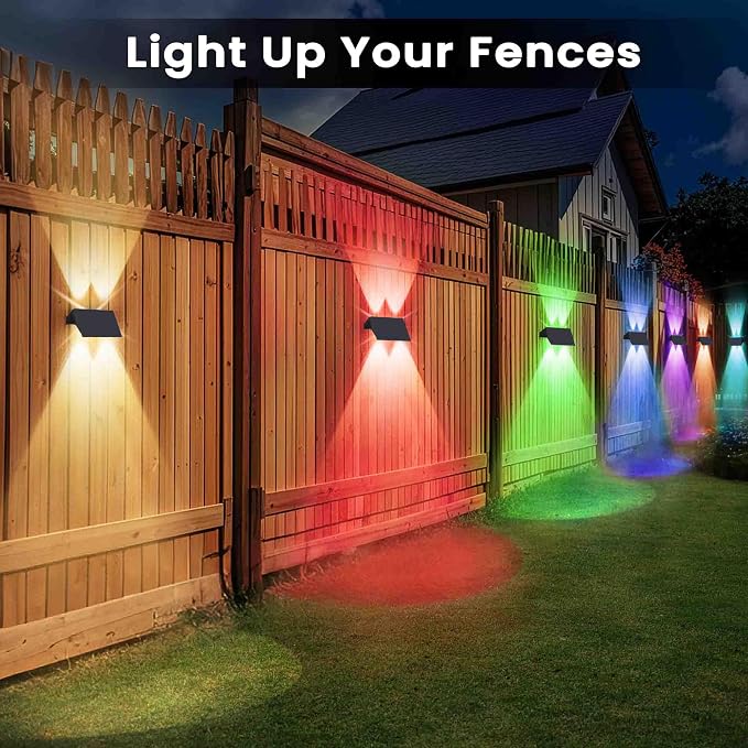 Fence Lights Solar Powered, 2-Pack Solar Fence Lights Up/Down Flexible Buttons, IP67 Waterproof for Outdoor, 100LM Bright, Auto Dusk to Dawn for Wall/Stairs/Yard/Railing/Deck/Pathway (White & RGB)
